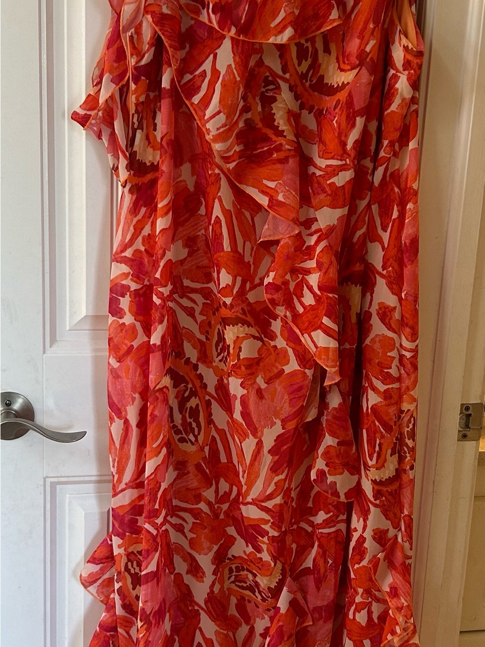Boohoo Orange and Pink Floral Cold Shoulder Ruffle Maxi Dress